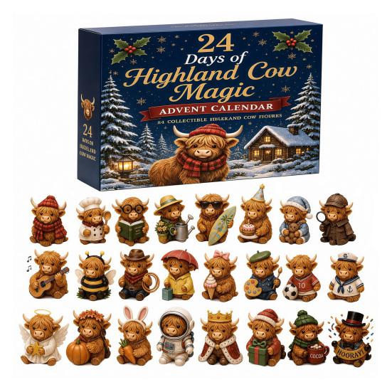 Holiday Hanging Decorations Highland Cow Advent Calendar, 24 Unique Acrylic Ornaments, Decorative Christmas Countdown Blind Box 2D Flat