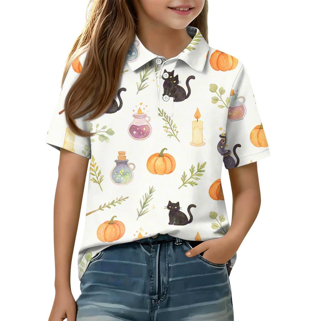 Kids Halloween Print Polo Shirt Short Sleeve Casual Top with Button Collar for Boys and Girls Comfortable Fit Lightweight Fabric