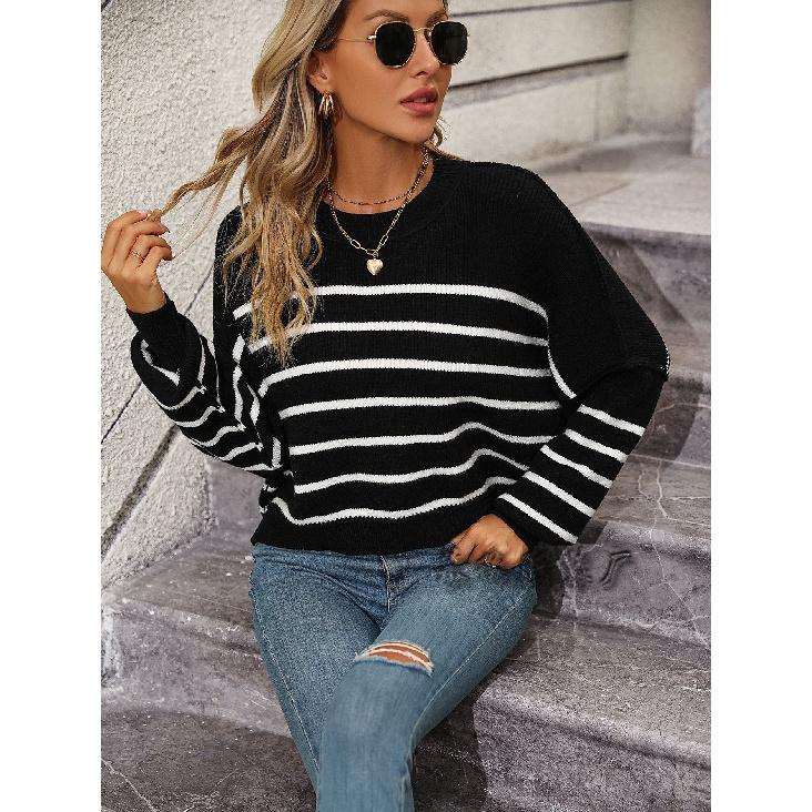 2024 Autumn And Winter New European And American Round Neck Women'S Knitted Sweater Loose Pullover Striped Sweater