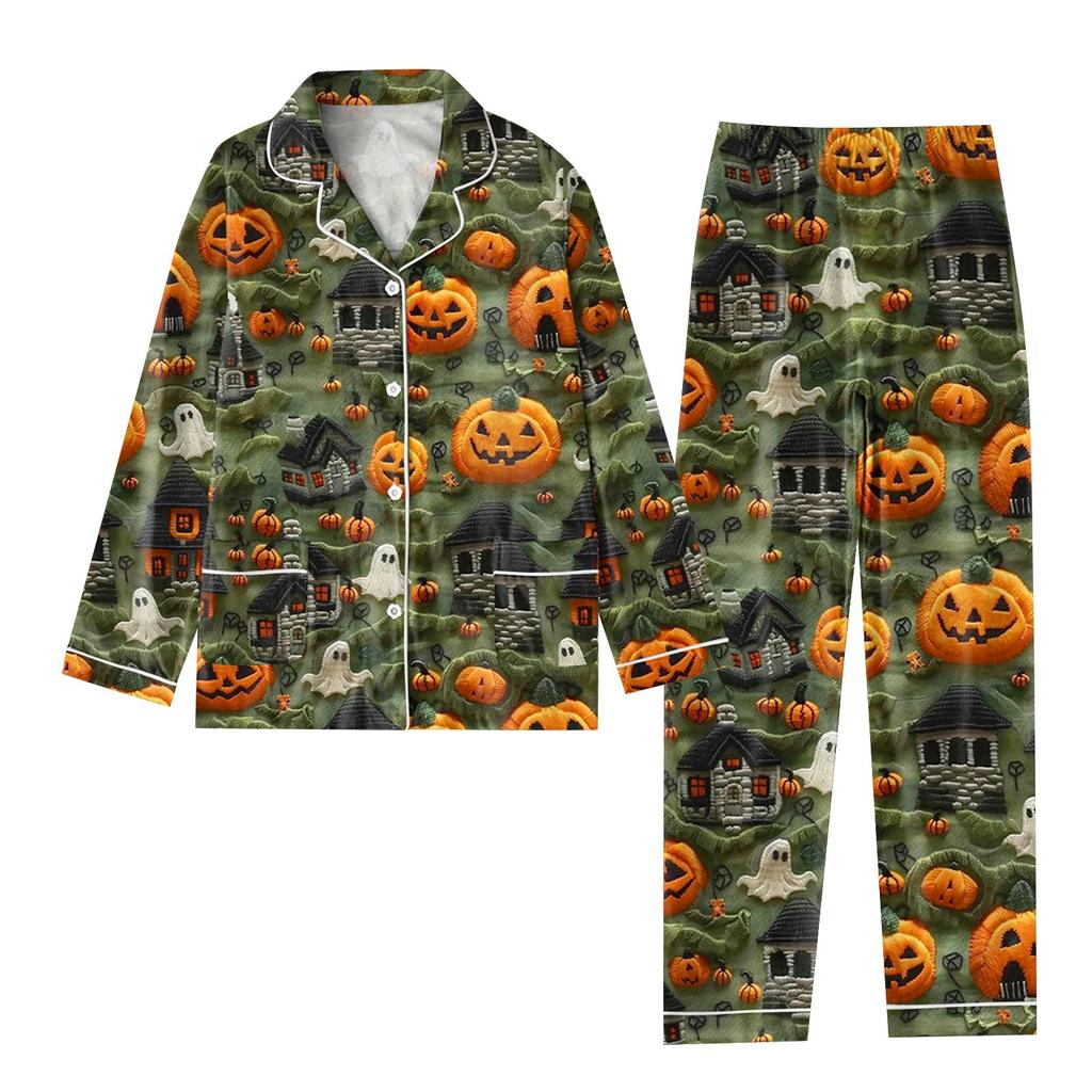 2-teiliger bedruckter Damen-Anzug, langärmelig, Oberteil mit Knopfleiste, weite Hosen, Anzug-Set, Schlafanzug, Home-Casual-Anzug