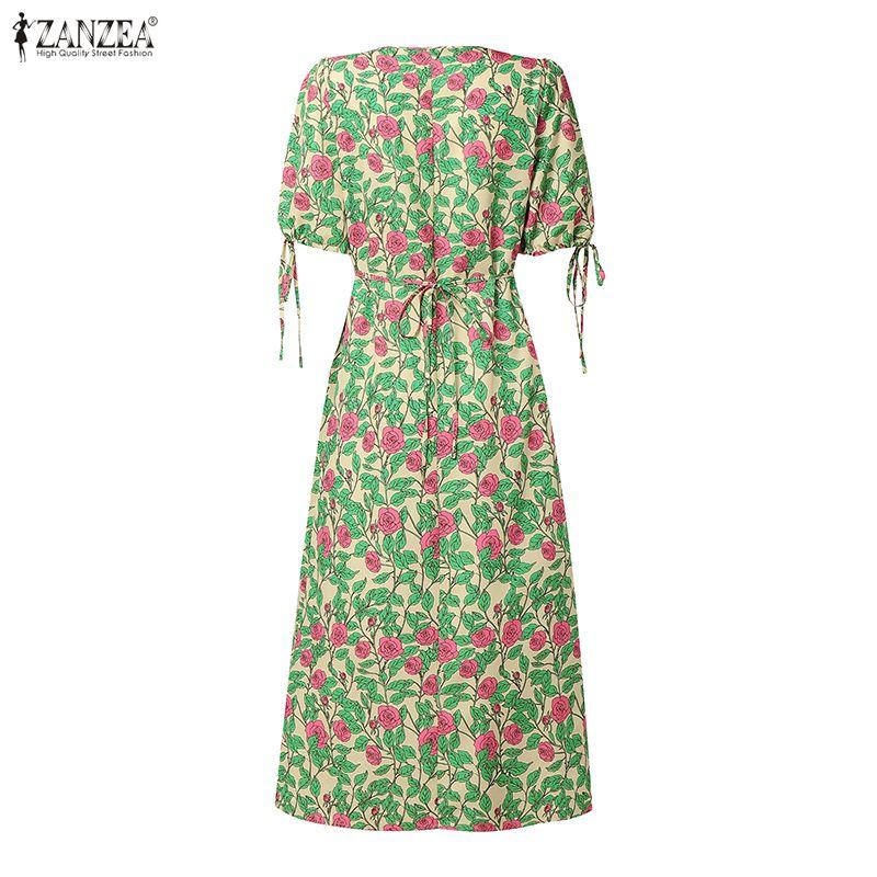 ZANZEA Women Square Collar Loose Casual Floral Print Short Sleeve Dress