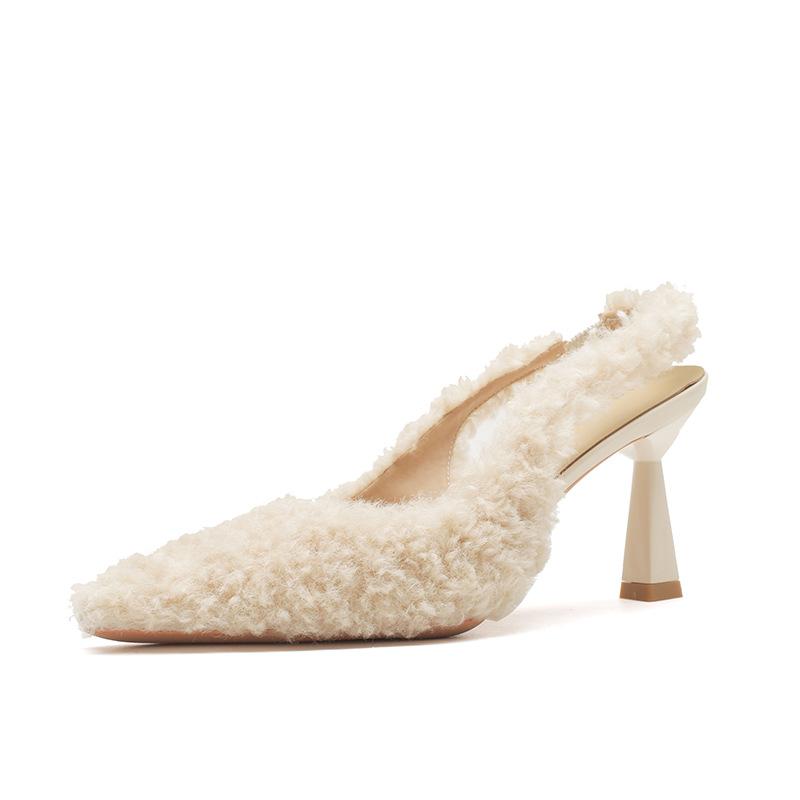 75719 [ovčí kůže] špičaté chlupaté boty na vysokém podpatku pro dámskou zimu 2025 nové boty s prázdnou patou na jehlovém podpatku