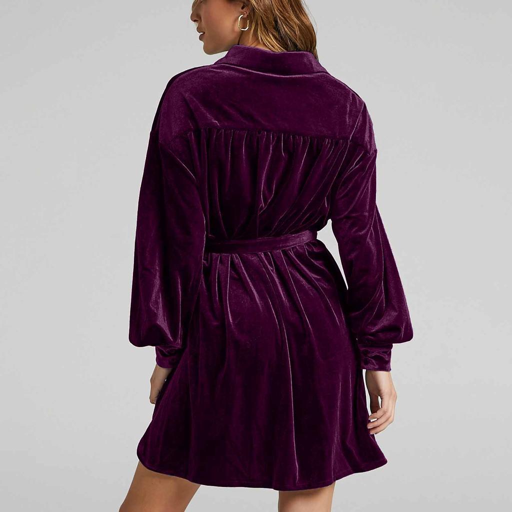 Women's Fashion Long Sleeve Color Pocket Canary Velvet Dress