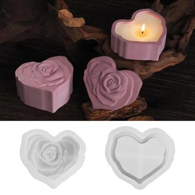 Moule en silicone en forme de cœur avec couvercle pour bougies, en forme de rose sculptée en 3D, pour béton, ciment, résine époxy, plâtre