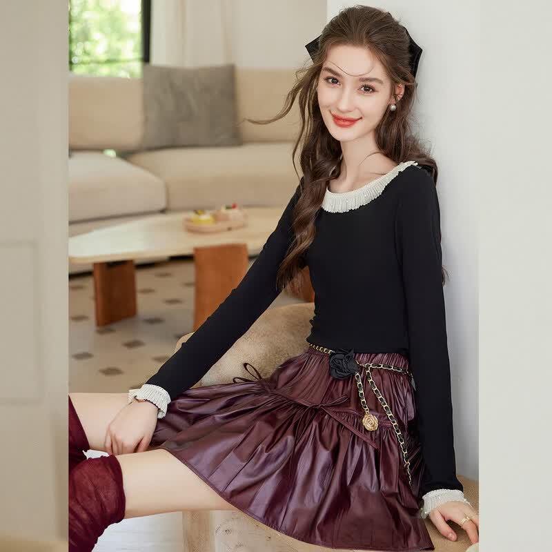 French Elegant Pleated Lace Long Sleeve T-Shirt
