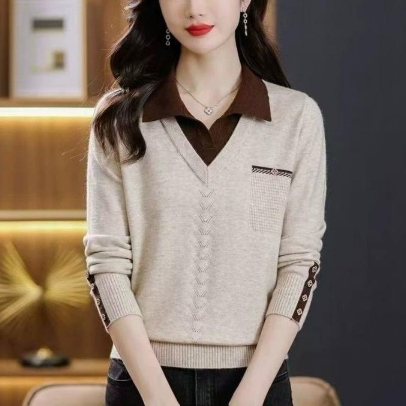 

Knitted sweater autumn and winter fake two fashion sweater women s lapel autumn and winter new loose knitted bottoming top One size абрикосовый