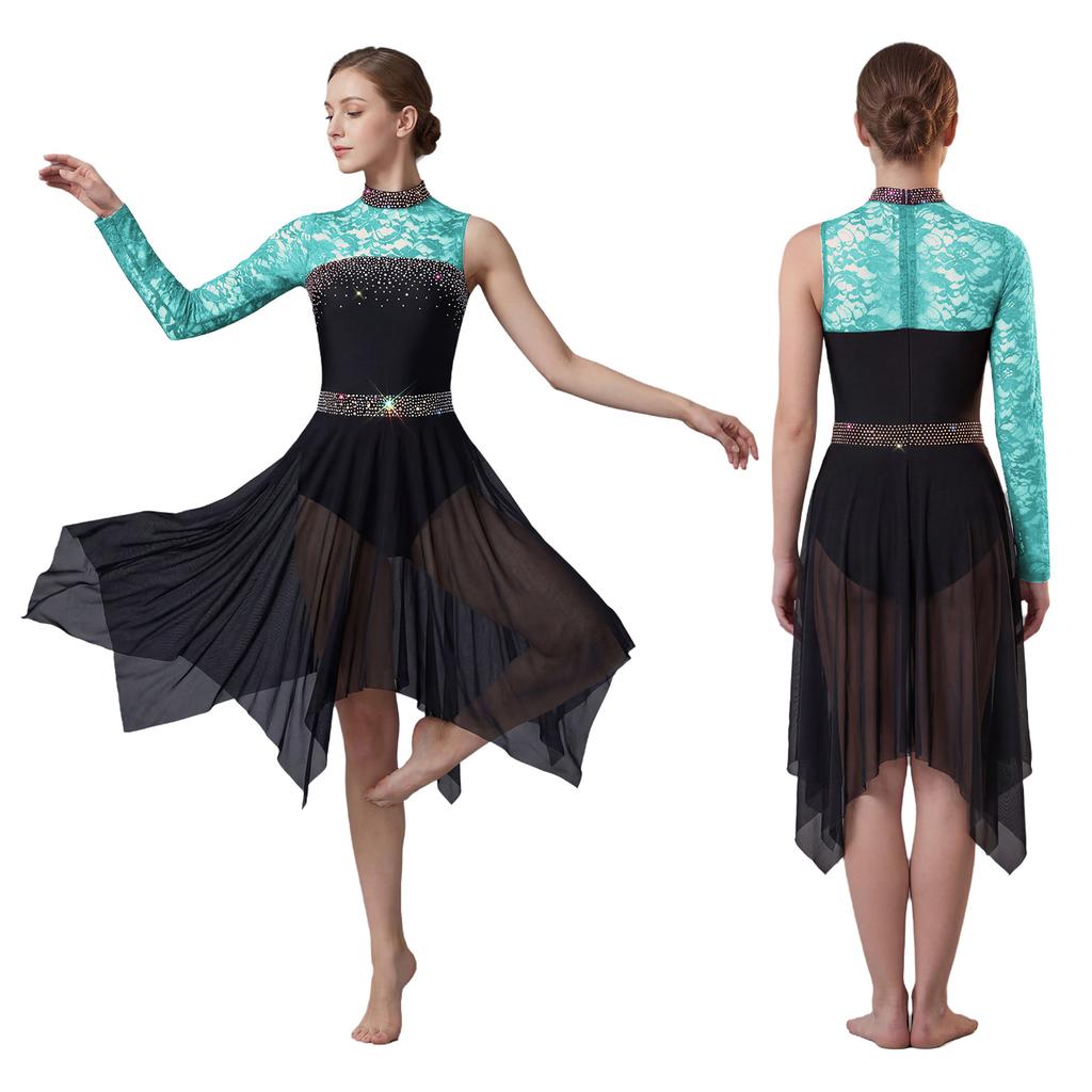 Womens Lyrical Dance Asymmetrical Bodysuit Dress Single Long Sleeve Floral Lace Patchwork Irregular Mesh Hem Built-in Briefs Rhinestones Leotard Dress