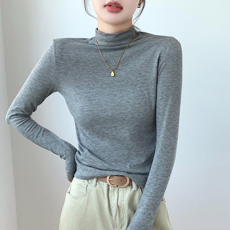 Women's H393 High Neck Warm Slimming Long Sleeve Top - Autumn/Winter Solid Color Versatile Mid-Neck Base Layer Shirt.
