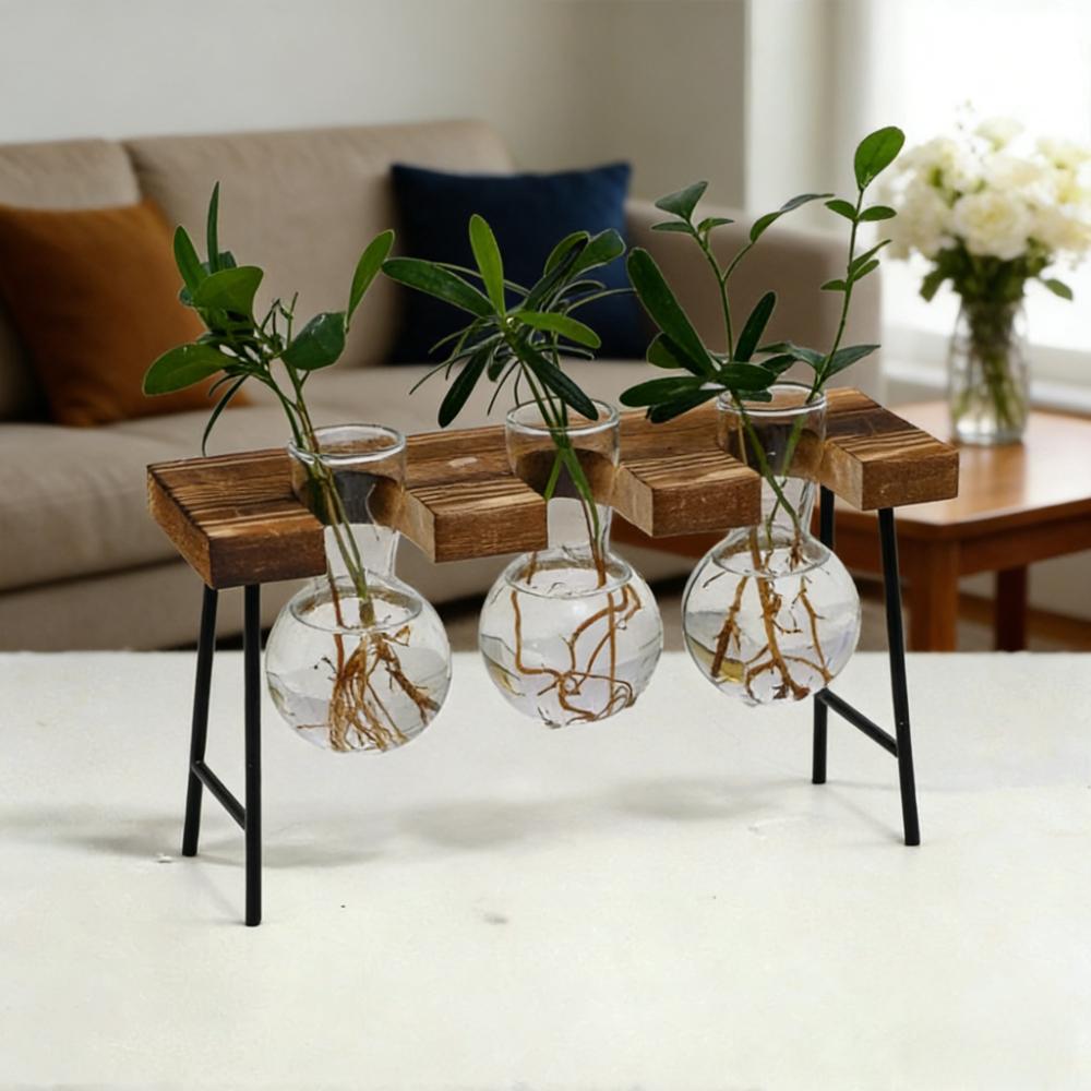 Wooden Frame Hydroponic Planter with Glass Bulb Transparent Container Flower Arrangement Desktop Decoration Home Office