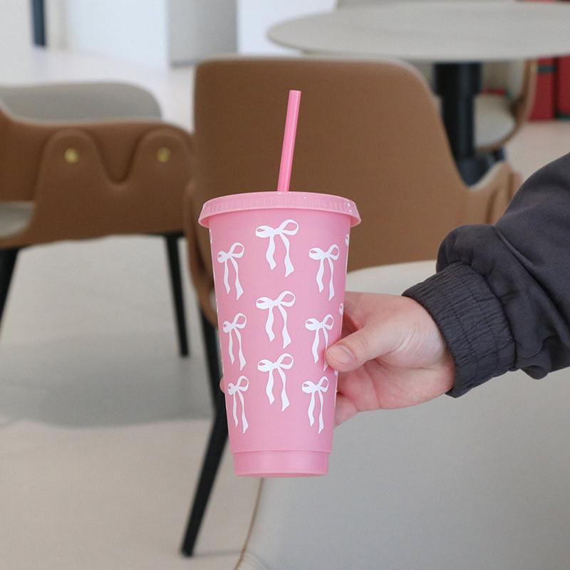 1 Piece Large Capacity Water Bottle Kawaii Bow Water Cup With Lid Straw For Girls Coffee Milk Tea Plastic Cold Drink Cup