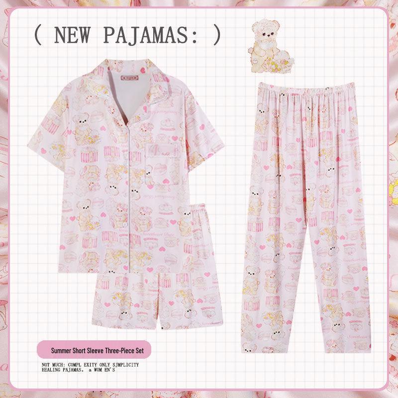 Pastoral Women's Pajama Set: Soft, Cute Rabbit Design, Short-Sleeve, Casual Three-Piece Loungewear.