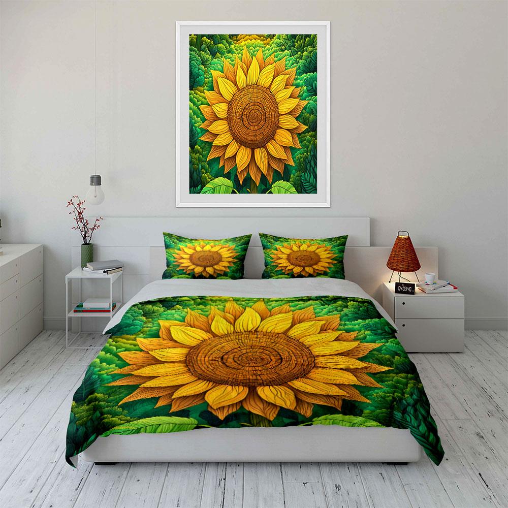 Sunflower Art Set Decoration Bedding Set with 1 Duvet Cover 2 Pillowcases Single Double King Queen, Gift