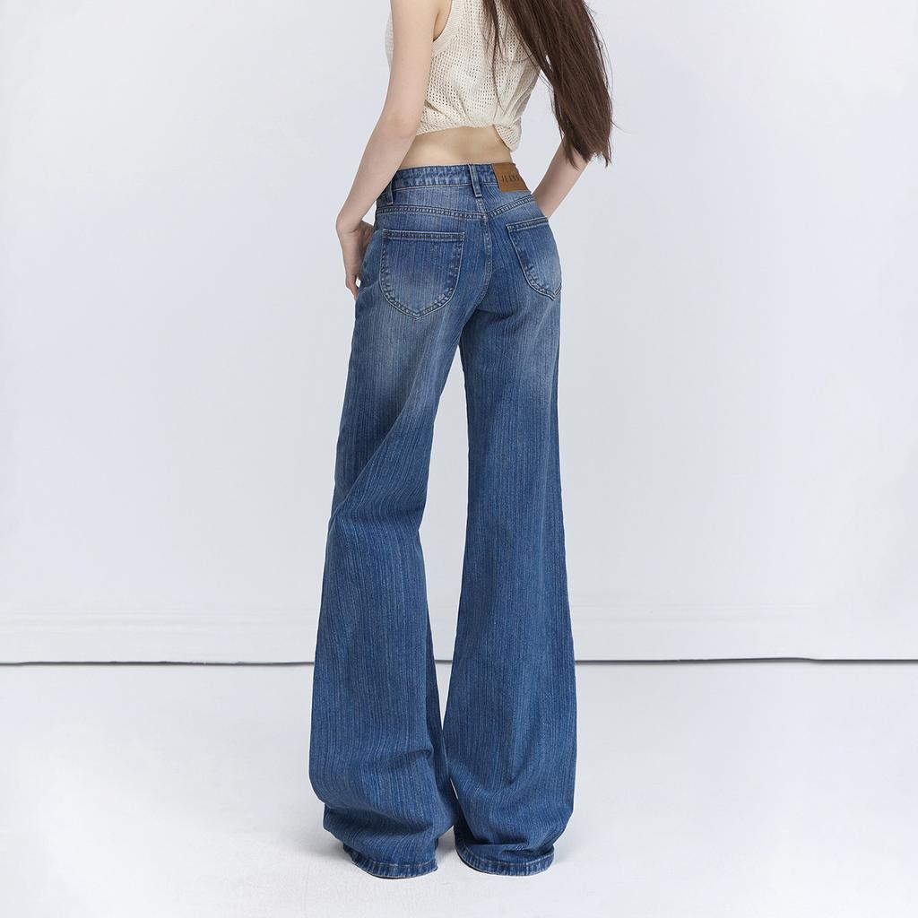 Autumn American retro low-rise Spice Girls loose flared pants versatile and thin bamboo pattern drape jeans women