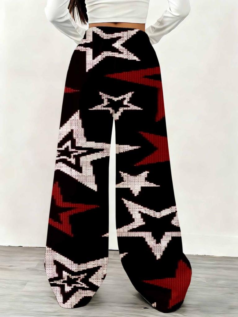 Women's Plus Size Wide Leg Pants Black Red White Star Print Casual Pants Overseas Print