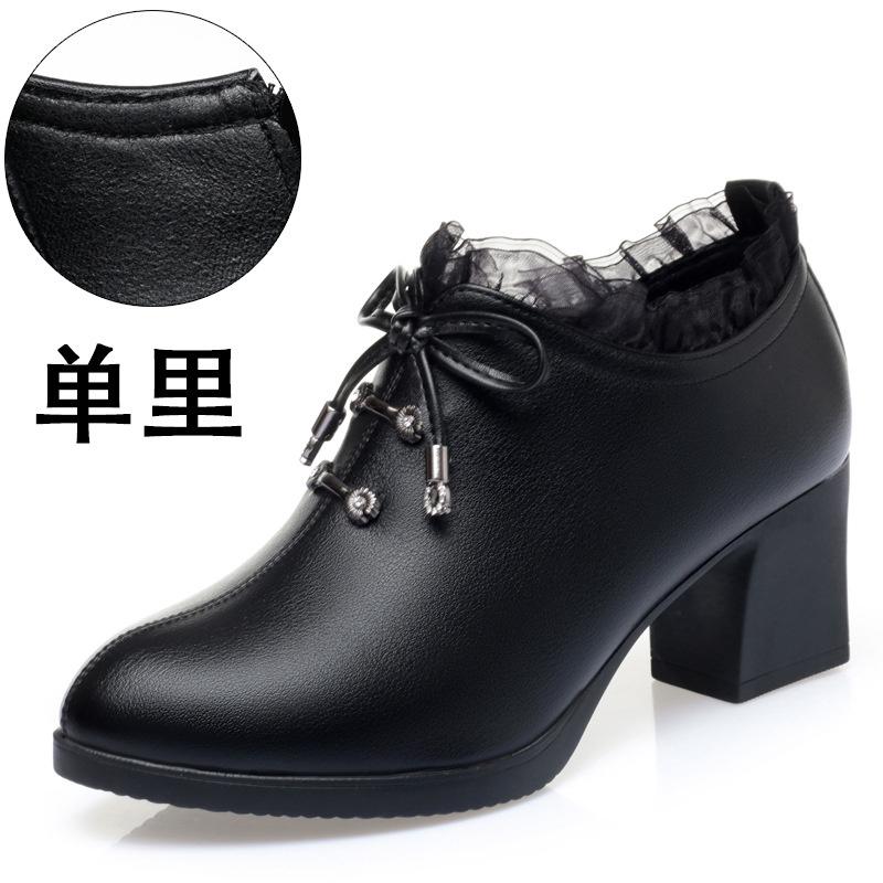 Women Spring Autumn New Fashion Lace Soft Leather Platform Pumps Korean Style Casual Waterproof Pointed Toe Single Shoes