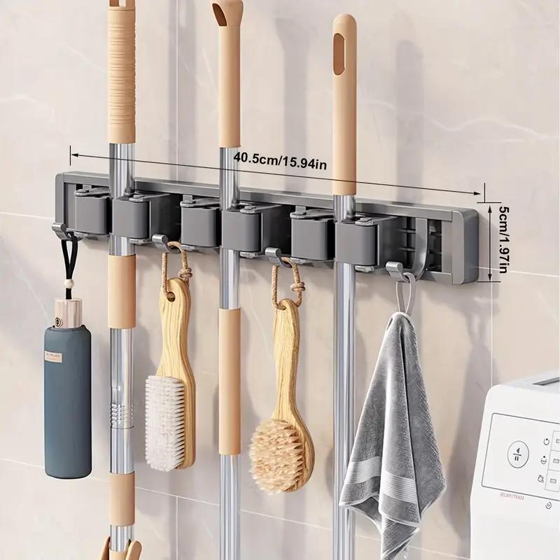 Badezimmer Aufbewahrungsregal Metall Mopp- & Besenhalter mit verstellbaren Haken, Wandmontierter Aufbewahrungsorganizer für Zuhause, Platzsparendes Regal für Mopps, Besen