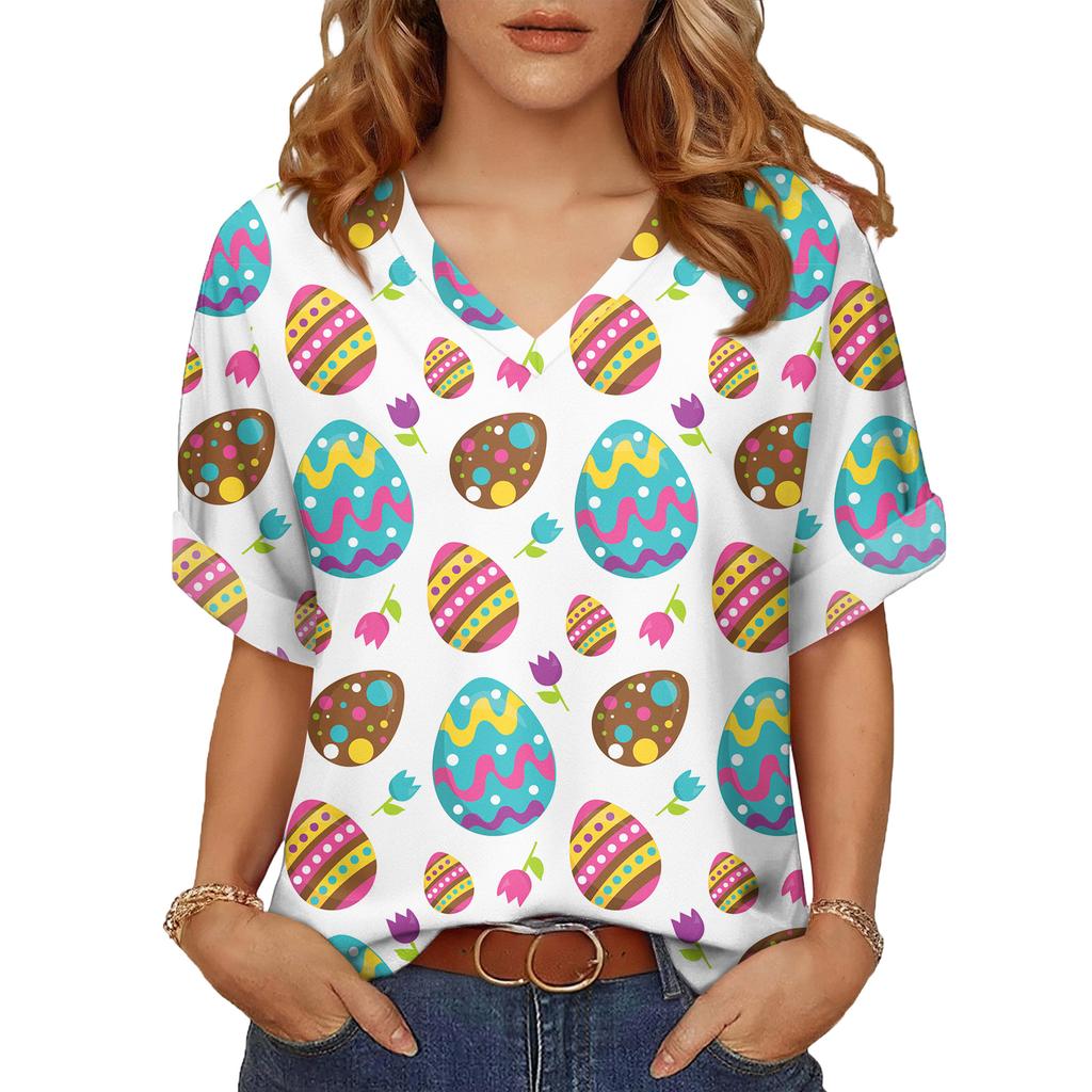 Women's Fashionable Casual Everyday Versatile Easter Print Slim-Fit Summer Short-Sleeve Top