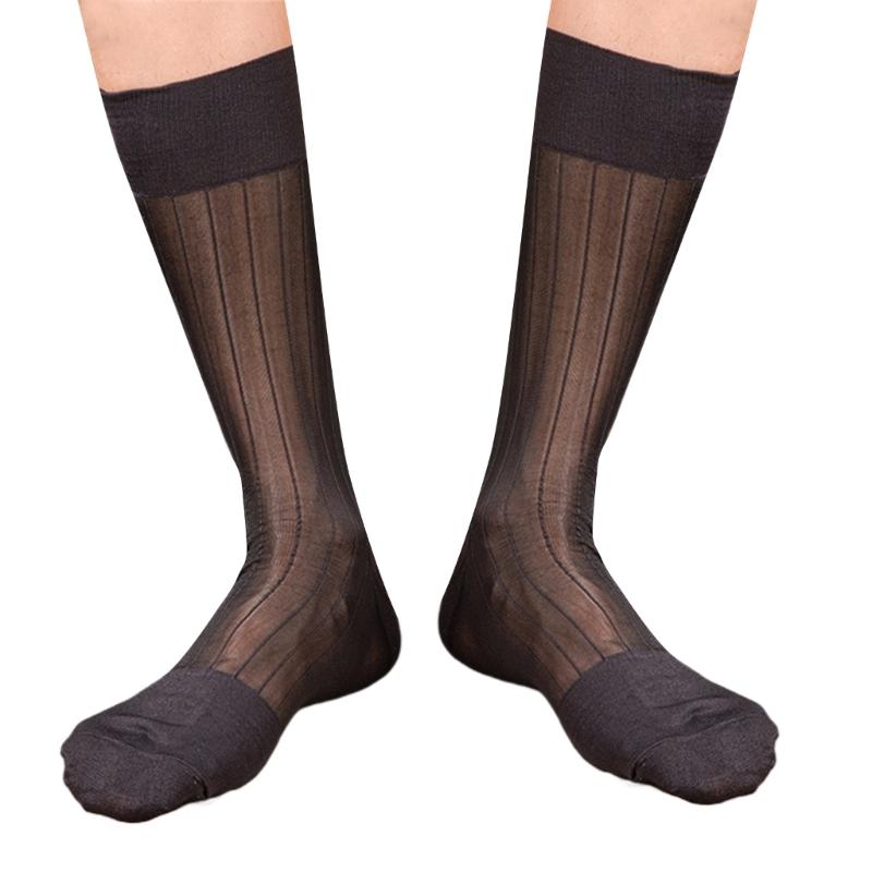 Mens Business Soft Breathable Nylon Sheer Dress Socks Thin See Through Silk Ribs Striped Calf Socks for Formal Use