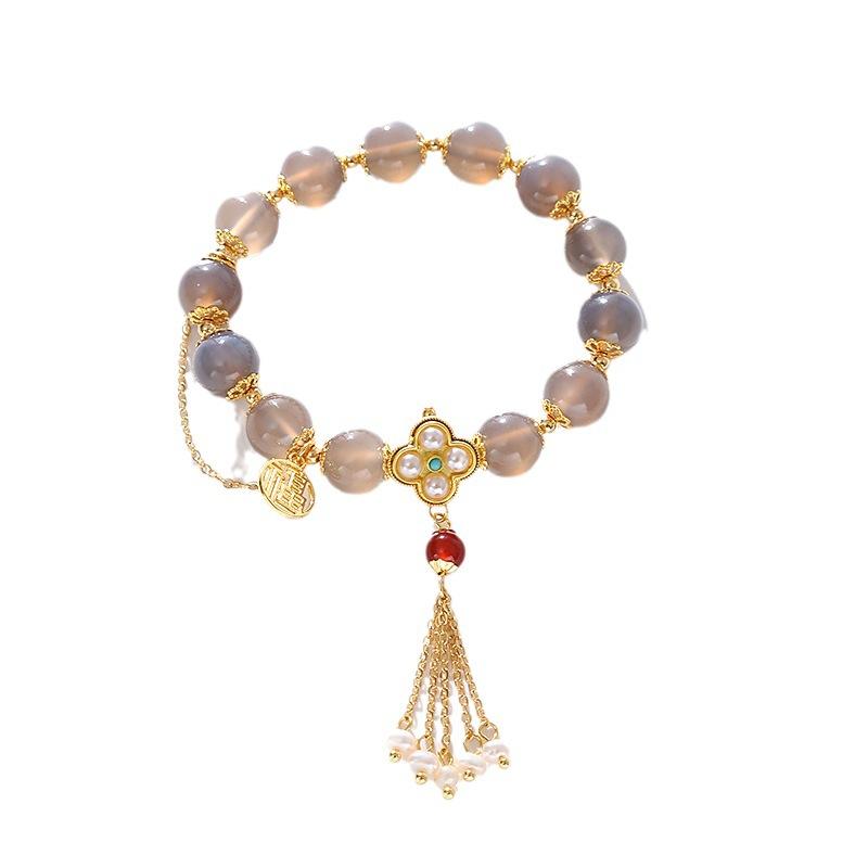 Natural Gray Agate Round Bead Red Agate Pearl Fringed Bracelet Fashion Women Daily Jewelry Lucky Gift