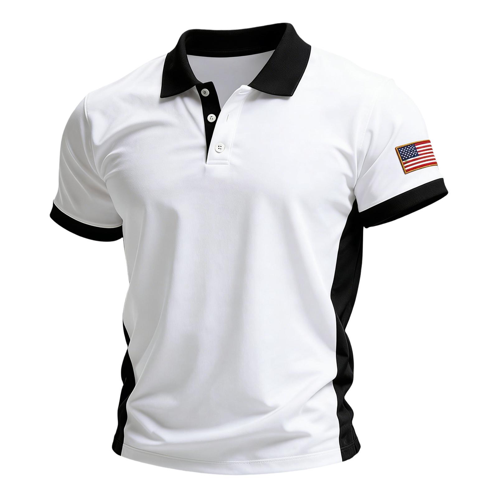 

Men Polo Shirt Short Sleeve Classic Fit Button Down Collar Side Panel Flag Patch Lightweight Top XL білий