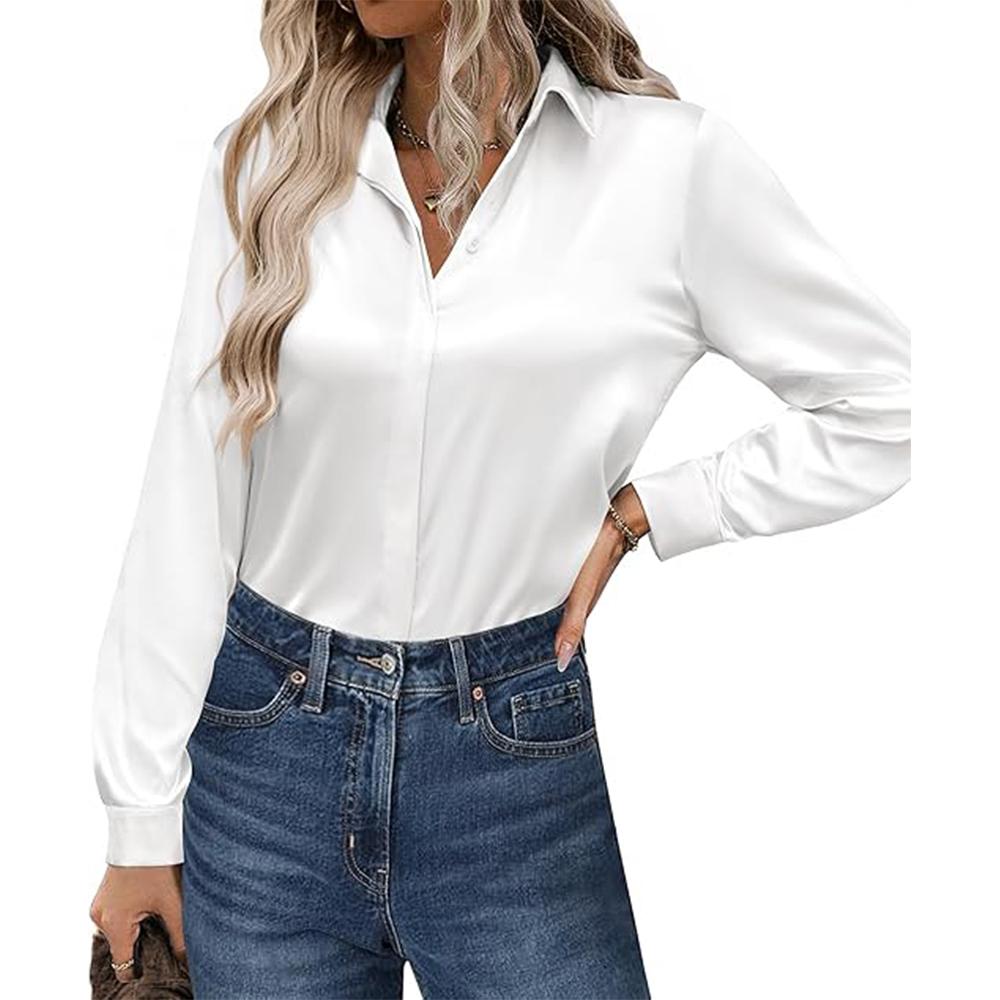Saténové halenky pro ženy ležérní s dlouhým rukávem na knoflíky hedvábné košile elegantní pracovní tunika top