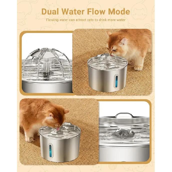 2.2L Stainless Steel Pet Water Dispenser with Dual Outlet Mode and Flower Outlet Design Makes Pets Enjoy Drinking Water More