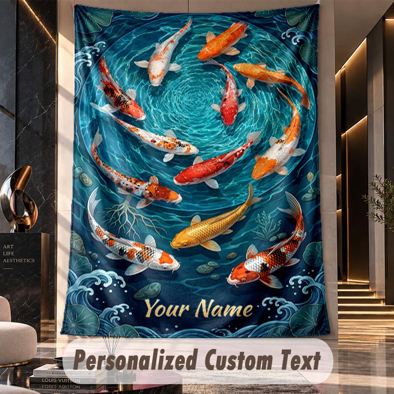Koi Fish Pond Artwork Theme Wall Tapestry Customized With Name Text Personalized Hanging Tapestry For Bedroom Living Room Decor
