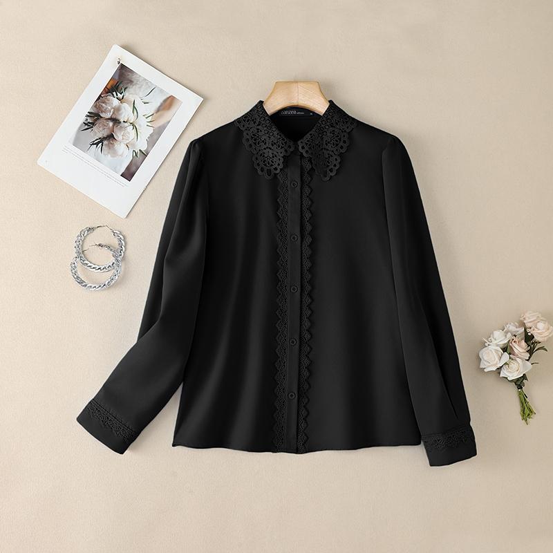 

ZANZEA Женская повседневная блузка с кружевной вставкой на воротнике, длинный рукав S чёрный