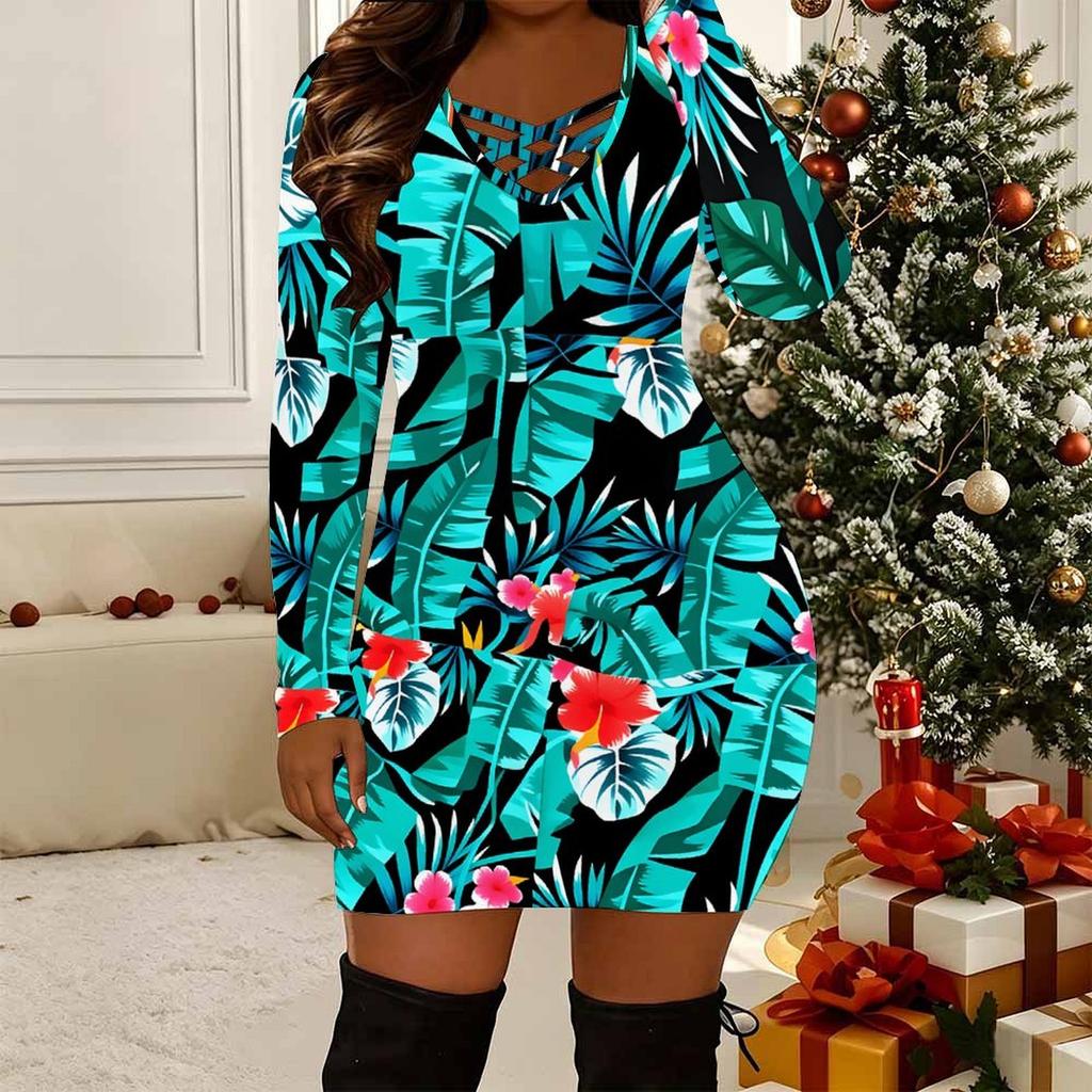 Women Plus Size Long Sleeve V Neck Crisscross Hollow Bodycon Mini Evening Club Outfit Dress