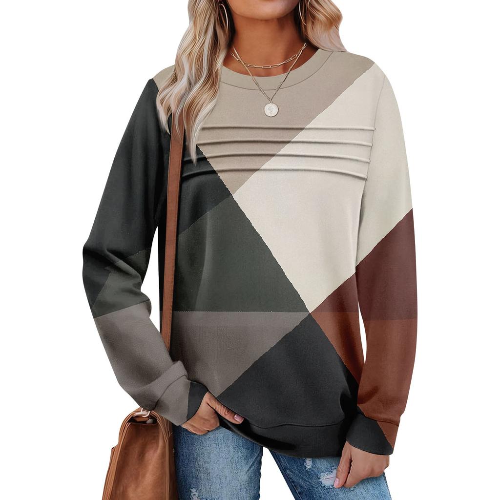 Women's Casual Long Sleeve Round Neck Sweatshirt Fit Pleated Top