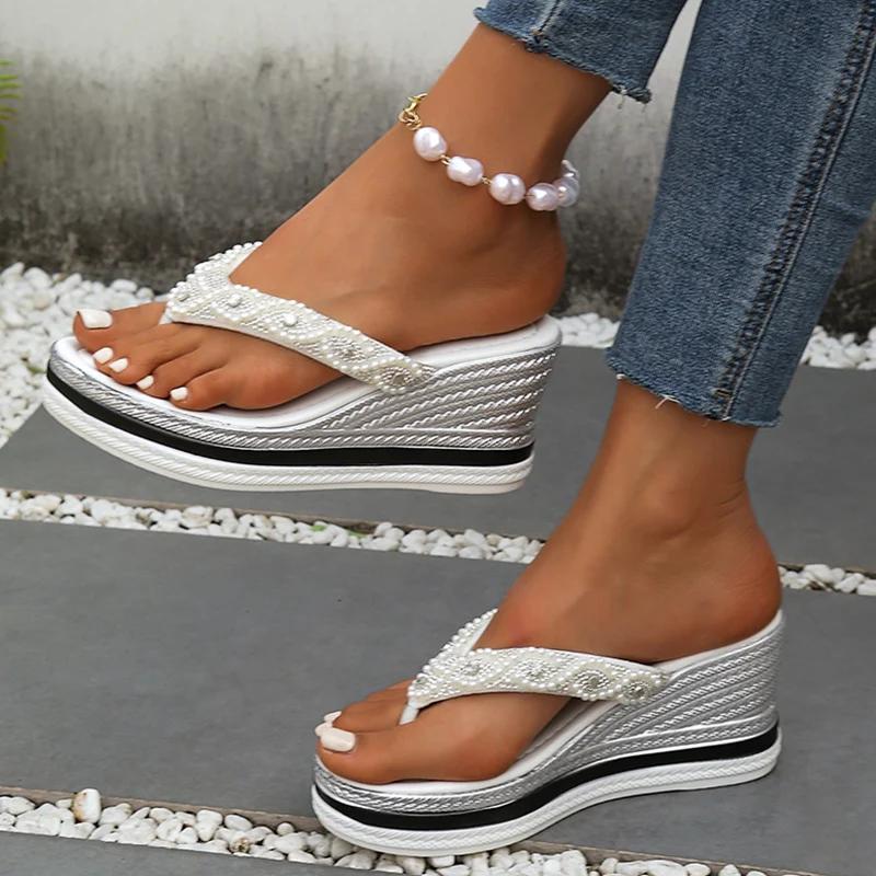 Fashion Pearl Clip Toe Wedges Sandals Women Summer 2025 Chunky Platform Beaded Silver Flip Flops Woman Thick Sole Beach Slippers Shoes