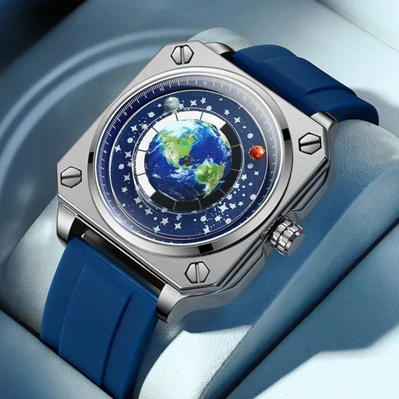 Earth Watch for Men Rotating Earth Dial New Concept Creative Blue Planet Non Mechanical Pointer Silicone Tape Men Watch