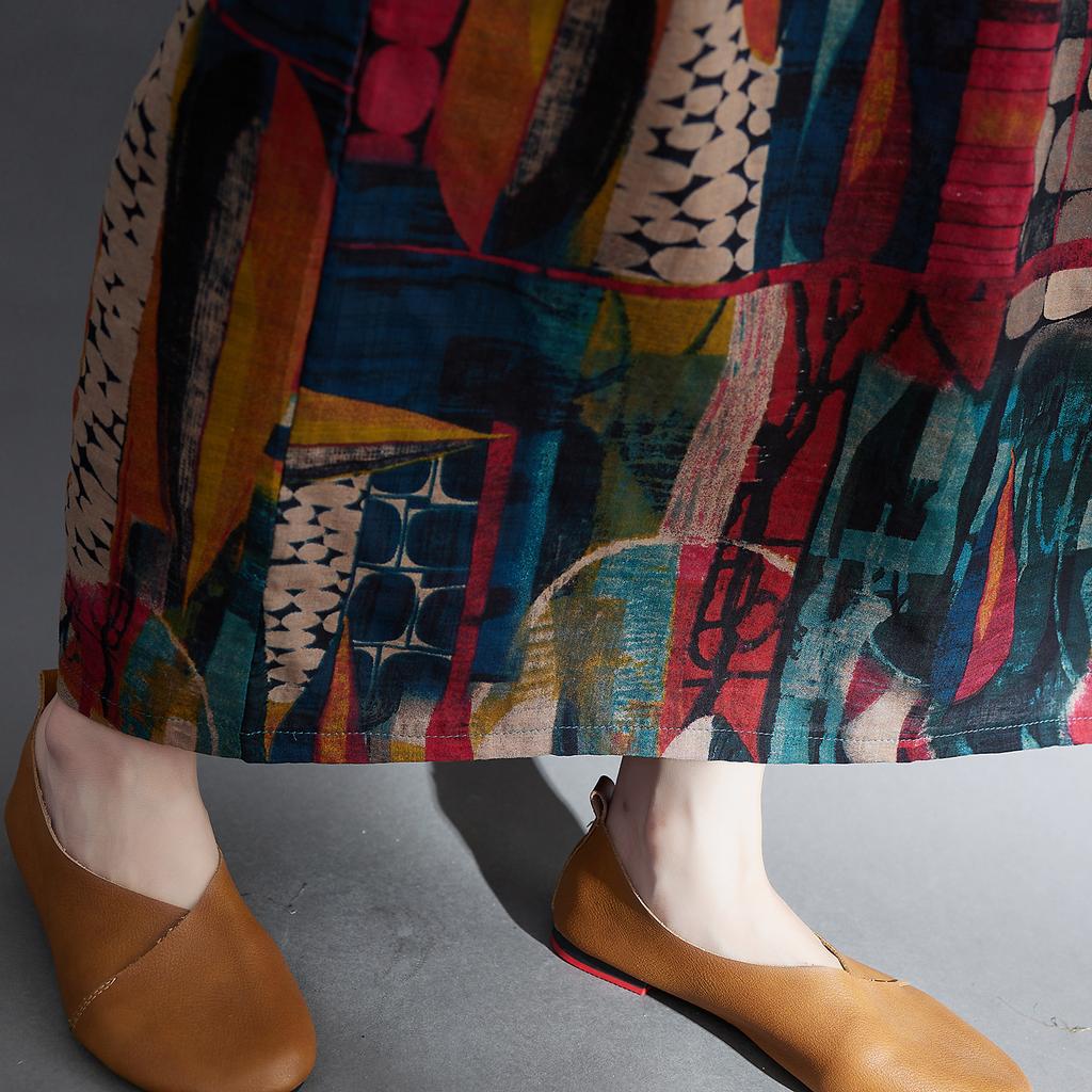 Frauen Lose Vintage Kleid Druck Taschen Langarm O-ansatz Kleid