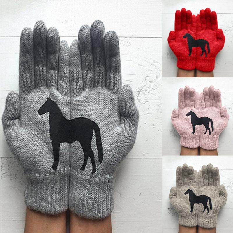 Women Full Finger Gloves Winter Cute Irregular Horse Stretchy Knitted Thermal Gloves Imitation Wool Short Hand Warmer