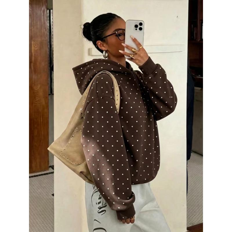 Women S Loose Fit Polka Dot Print Hooded Sweatshirt