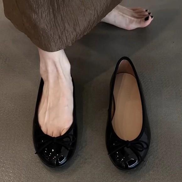Cowhide model~ leather round head bow flat-bottomed French retro ballet shoes women's one-pedal commuter single shoes ladyshoes