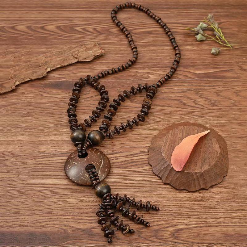 JMXD Boho Chic Ethnic Vintage Long Sweater Chain Women Fashion Beaded Wooden Beads Coconut Shell Pendant Sustainable Statement Necklace