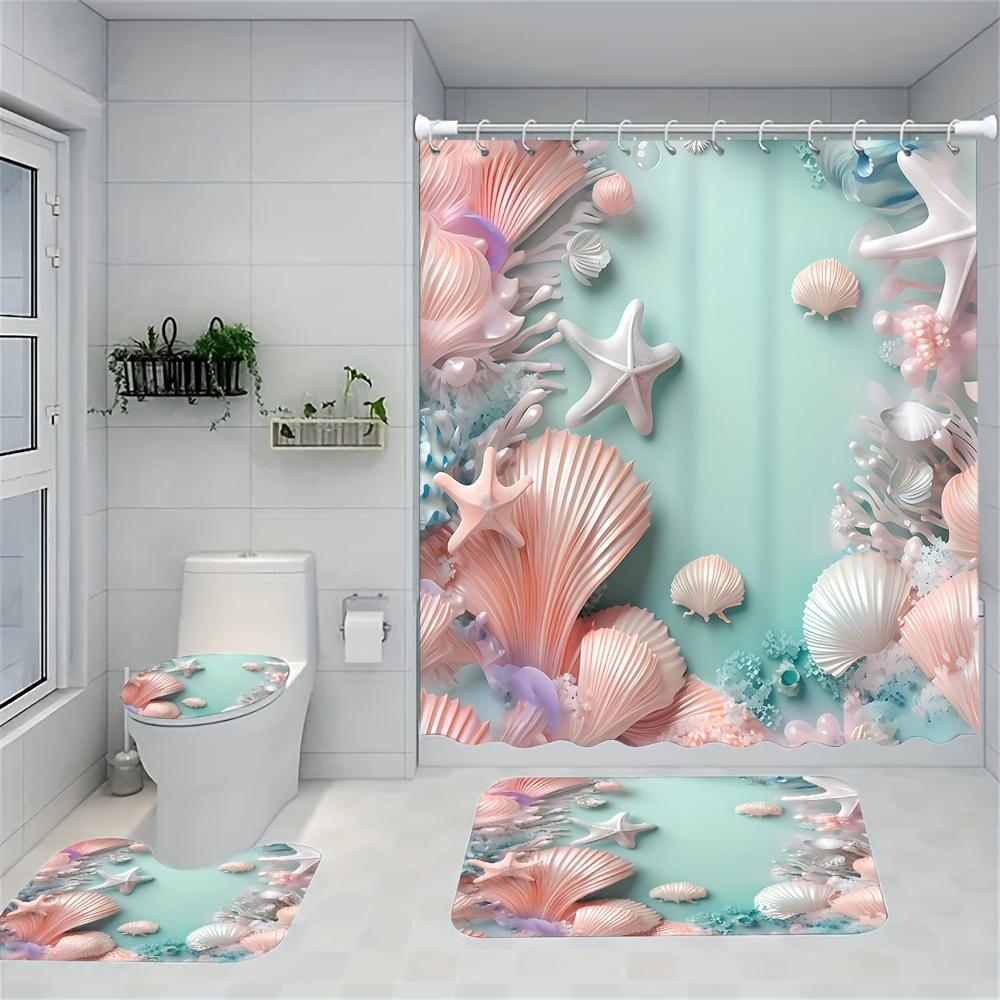 1/4pcs Luxury Deep Sea Large Salad Waterproof Shower Curtain Set Decorative Bathroom Set Non-Slip Carpet Toilet Cover Bath Mat And 12 Hooks