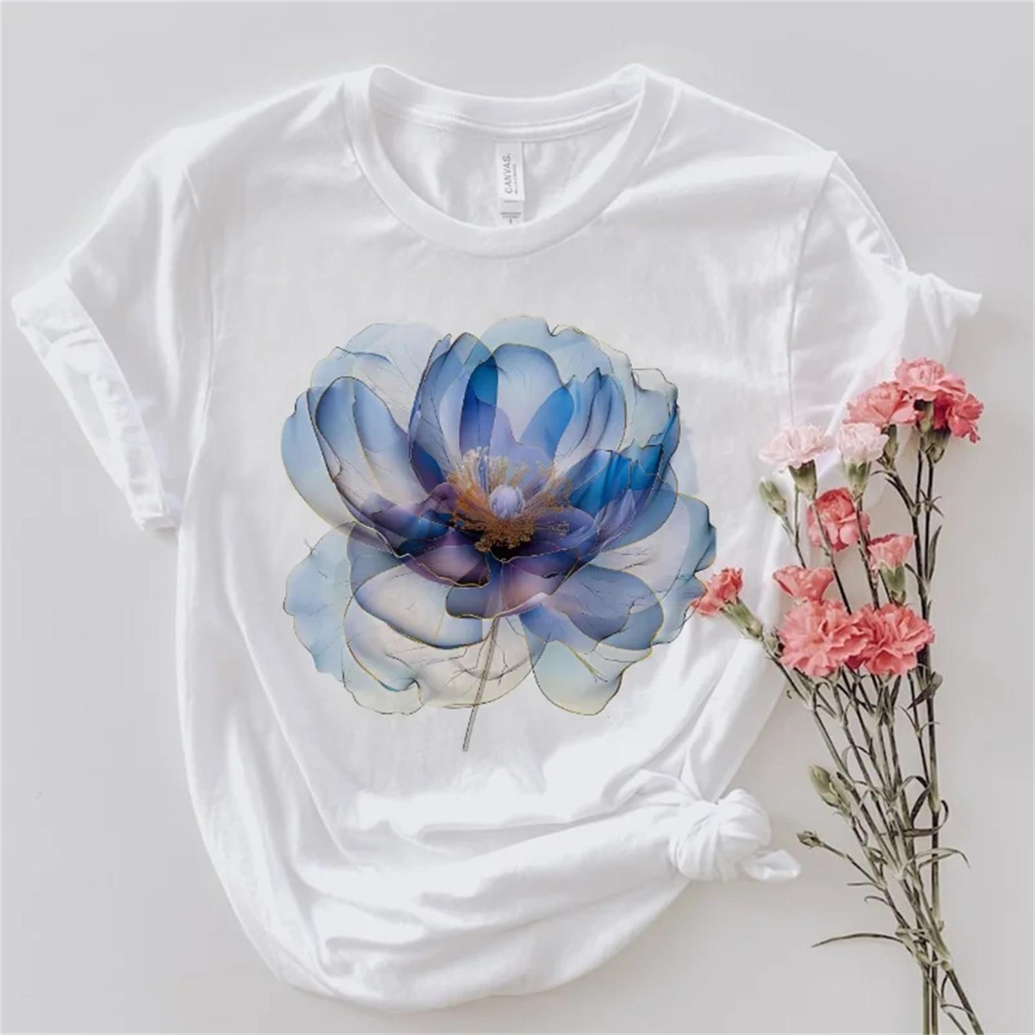 Blue Flower Pattern Printed Round Neck Summer Travel Casual Style Women s T-Shirt Short Sleeved Trendy Street Printed T-Shirt XXXXXL белый