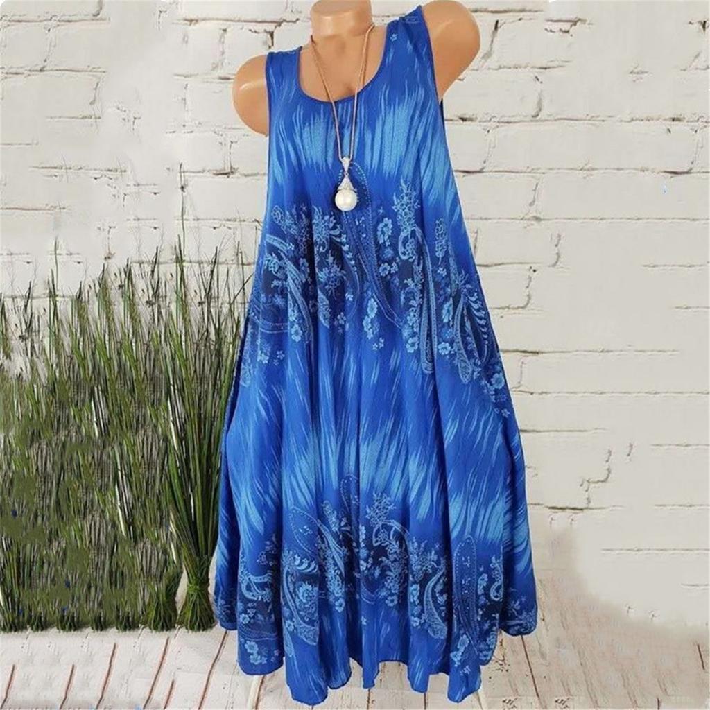 Women's Fashion Non-location Printed Dress Round Neck Sleeveless  Dress