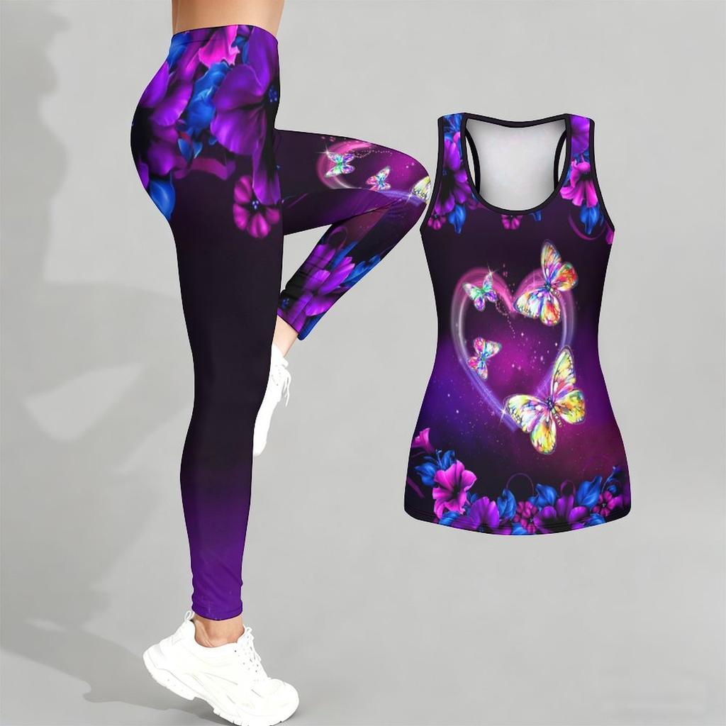 Butterfly Print Yoga Outfit for Women Fashion Workout Leggings Fitness Sports Casual Yoga Set Sports Suit