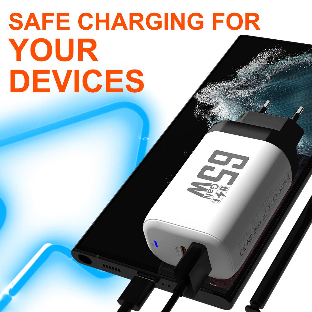 65W GaN QC 3.0 PD Fast Charger, USB, EU/US Spec, 9V/12V Compatible for Laptop