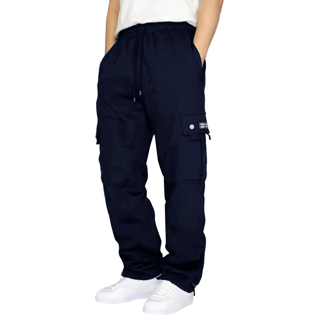 Men's Fleece-lined Sporty Casual Cuffed Ankle Multi-pocket Drawstring Loose Workwear Pants