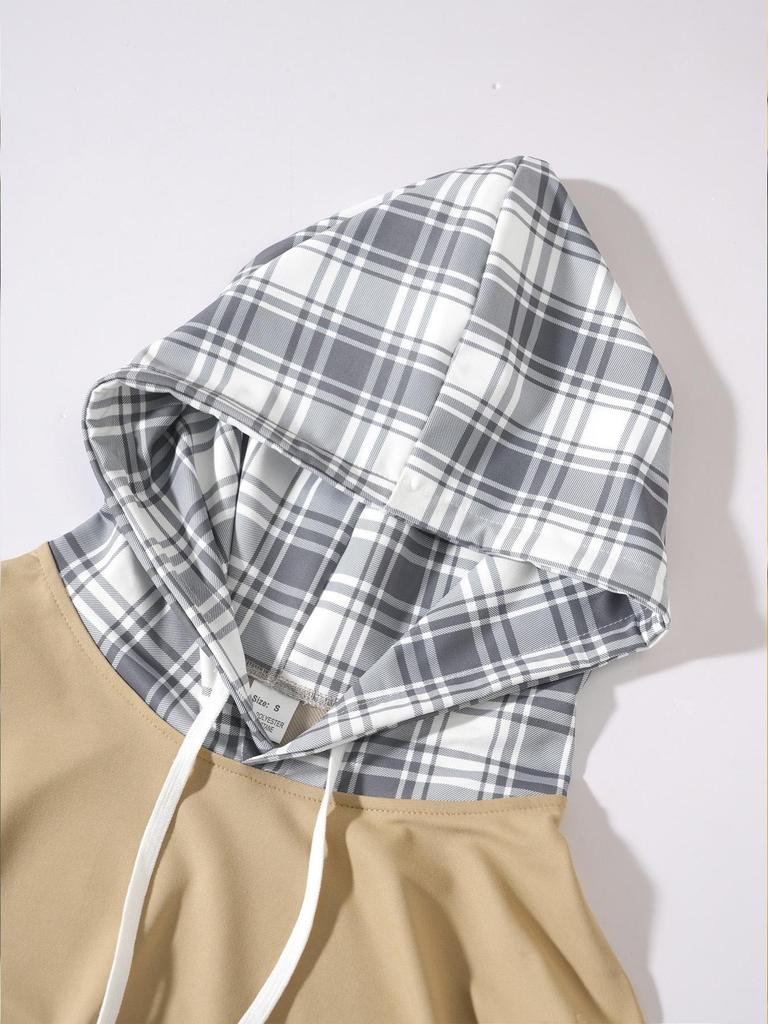 2025 Men's Plaid and Solid Color Hooded Long Sleeve Sweatshirt for Spring and Autumn