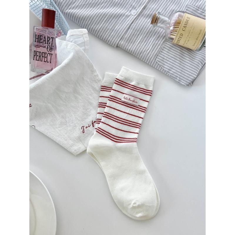 Ladies Spring Pinstripe Cloth Logo Preppy Style Boneless Long Tube Pile Socks
