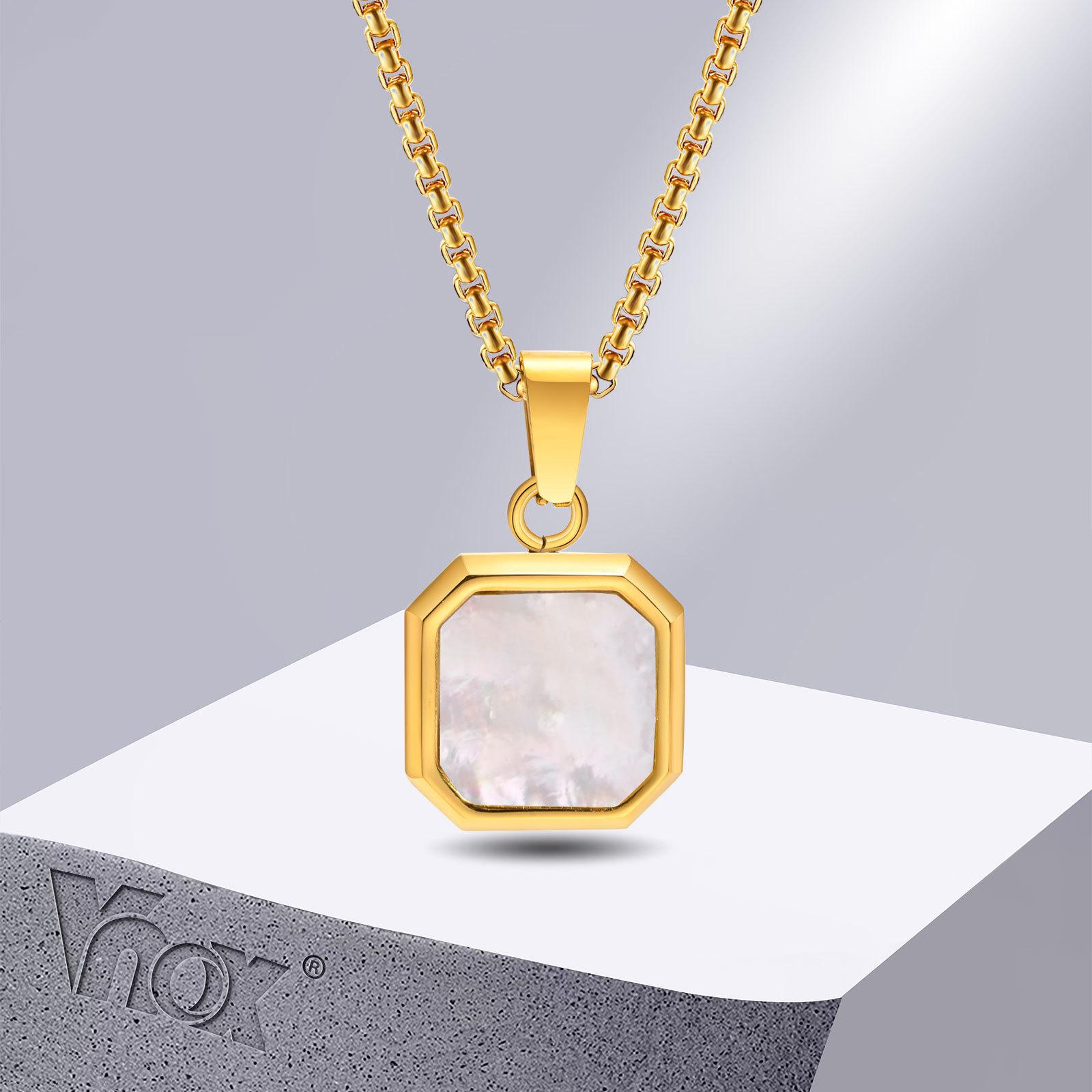 

Vnox Mens Necklaces, Geometric Square Natural Stone Shell Pendant, Black Gold Color Stainless Steel Collar 50cm