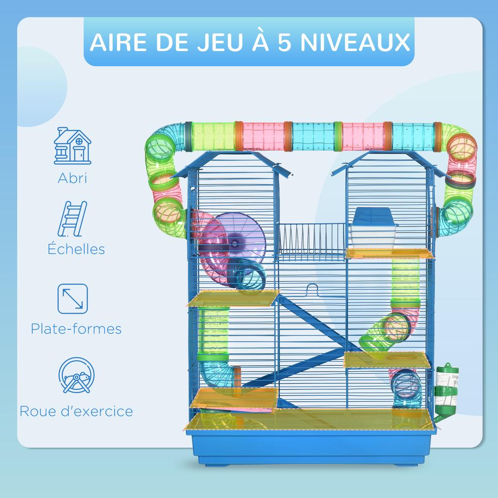 Hamster Cage, 5 Tier Carrier Habitat with Exercise Wheels Tunnel Tube Water Bottle Dishes House Ladder, Gerbil Cage for Dwarf Mice, Blue