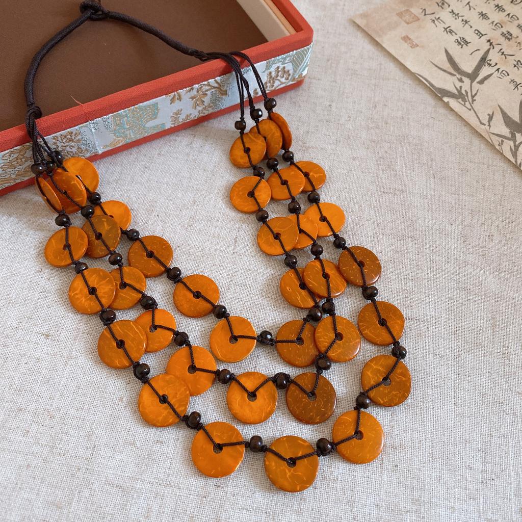 Bohemian Multi-layer Wood Bead Coconut Shell Flower Necklace Accessories Women's Exaggerated Sweater Chain Light Luxury Premium Sense Accessories