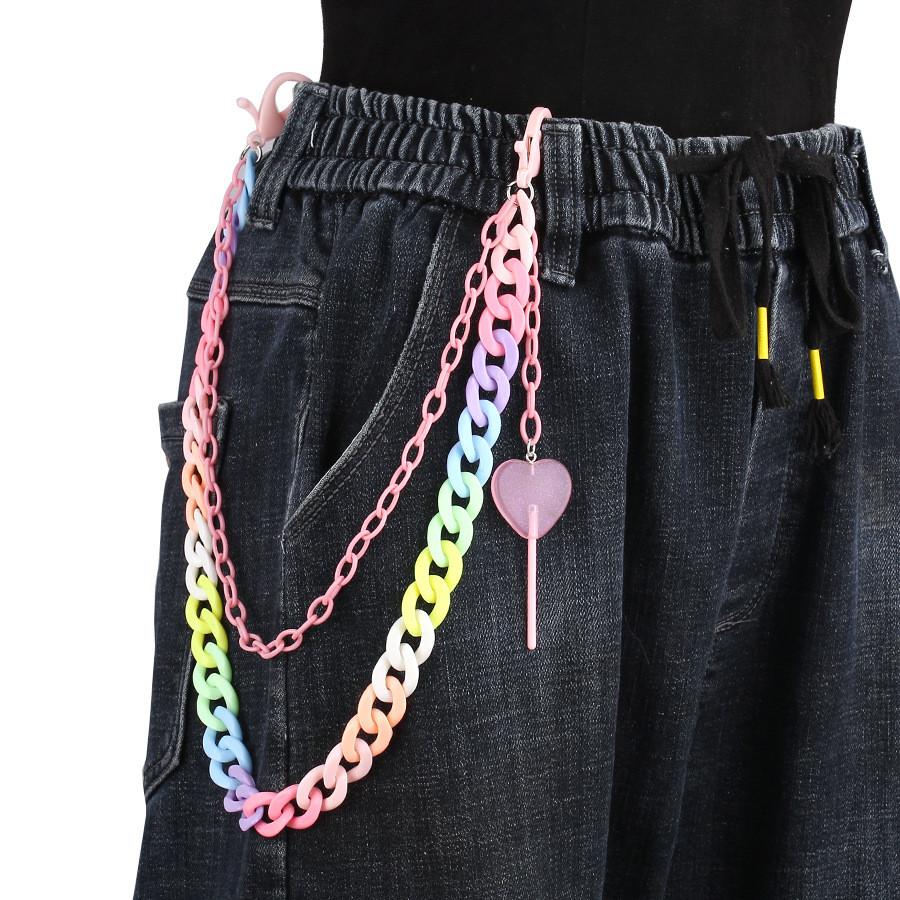 Candy Color Double Layer Resin Belt Chain With Heart Lollipop Decor For Unisex Adults