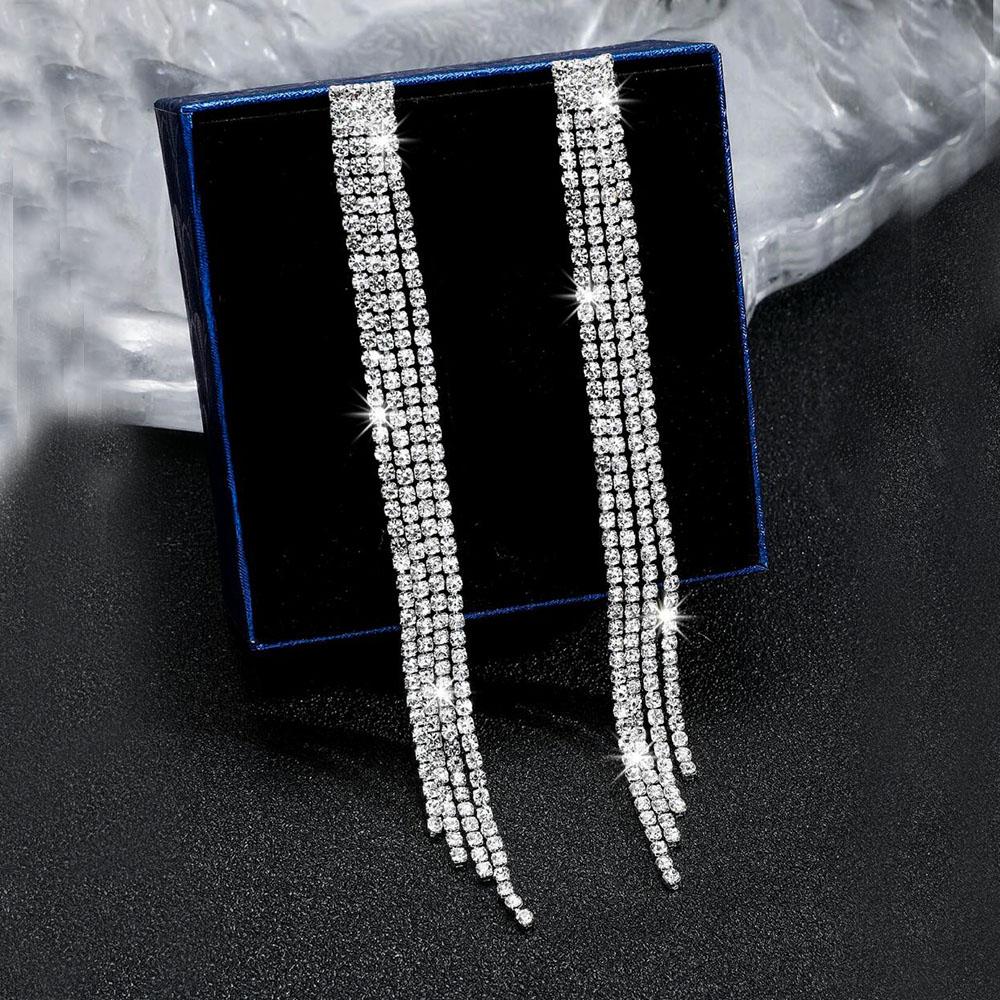 Boucles d'oreilles longues à pampilles en cristal strass brillant 4 lignes pour femmes mariage fête pendantes pendantes mariée brincos